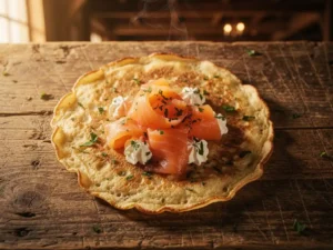 Hartige pannenkoek met gerookte zalm, roomkaas en verse kruiden op een rustieke houten tafel in een gezellig restaurant.