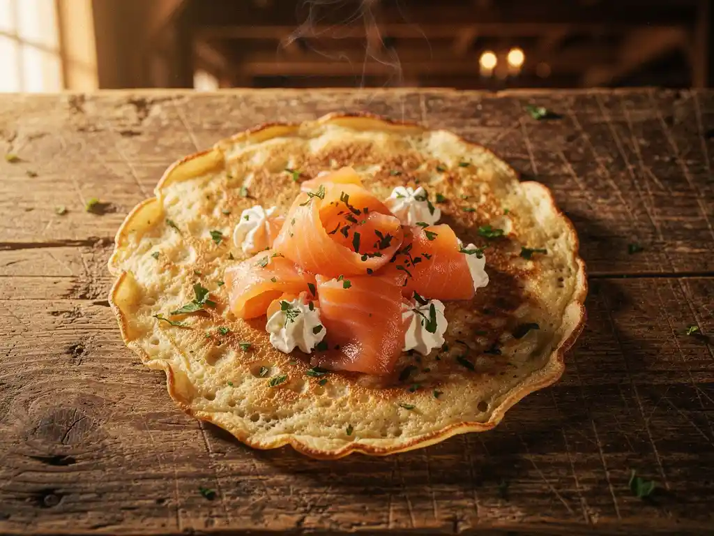Hartige pannenkoek met gerookte zalm, roomkaas en verse kruiden op een rustieke houten tafel in een gezellig restaurant.