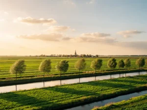 Groen polderland met sloten en wilgen, kerkspits in de verte, gouden middaglicht over Nederlandse weilanden.
