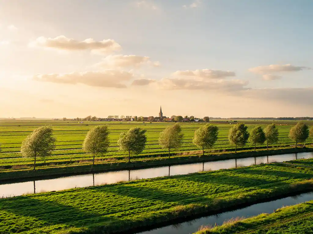 Groen polderland met sloten en wilgen, kerkspits in de verte, gouden middaglicht over Nederlandse weilanden.