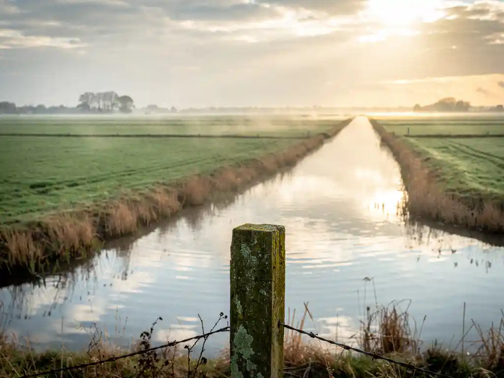 Uitgestrekt Nederlands polderlandschap met smalle sloten, rietkragen en een houten paal op de voorgrond in zacht ochtendlicht.