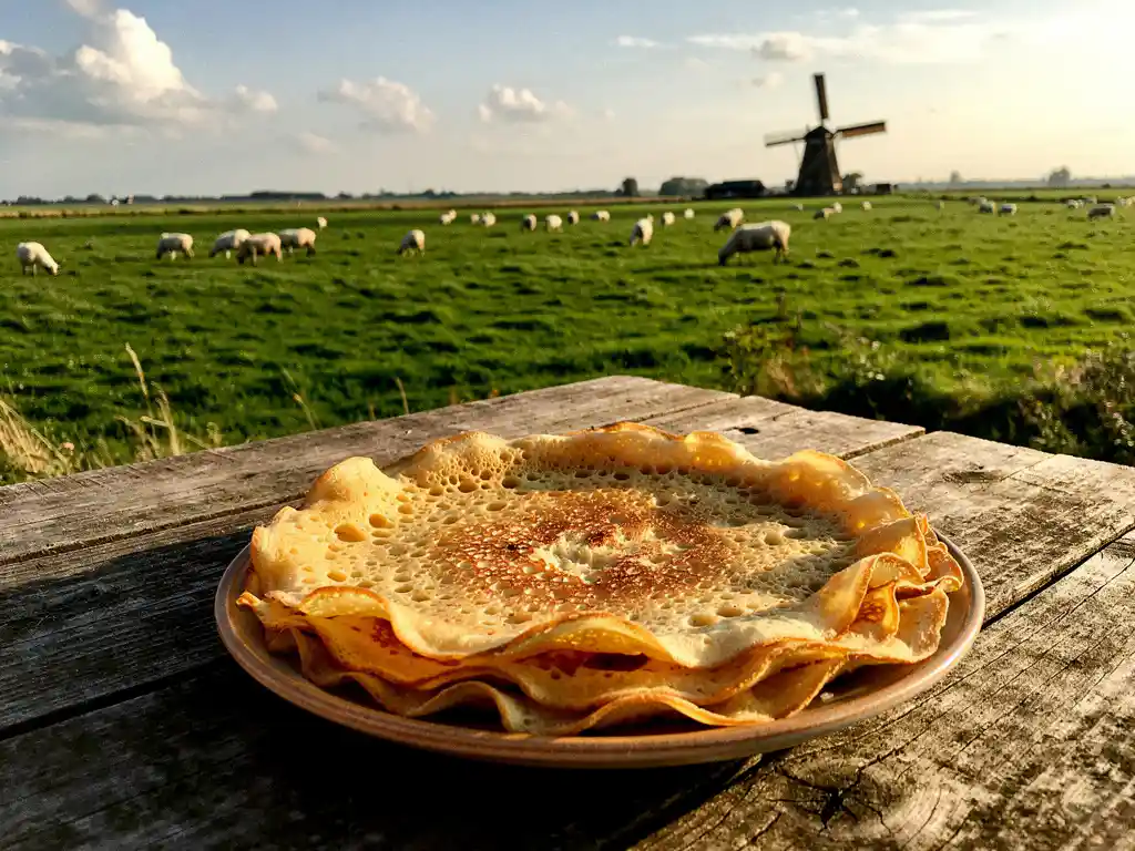 Gouden Dutch pancake op rustieke houten tafel in Utrecht polderlandschap met schaapjes, groene weiden en windmolen op de achtergrond.