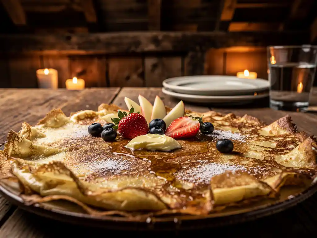 Dampende, goudbruine Dutch pancake met verse toppings op een rustieke houten tafel met kaarslicht en schuurbalken op de achtergrond.