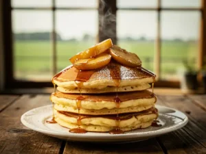 Stapel Dutch pancakes met gekarameliseerde appelschijfjes, poedersuiker en druipende ahornsiroop op een rustieke houten tafel.