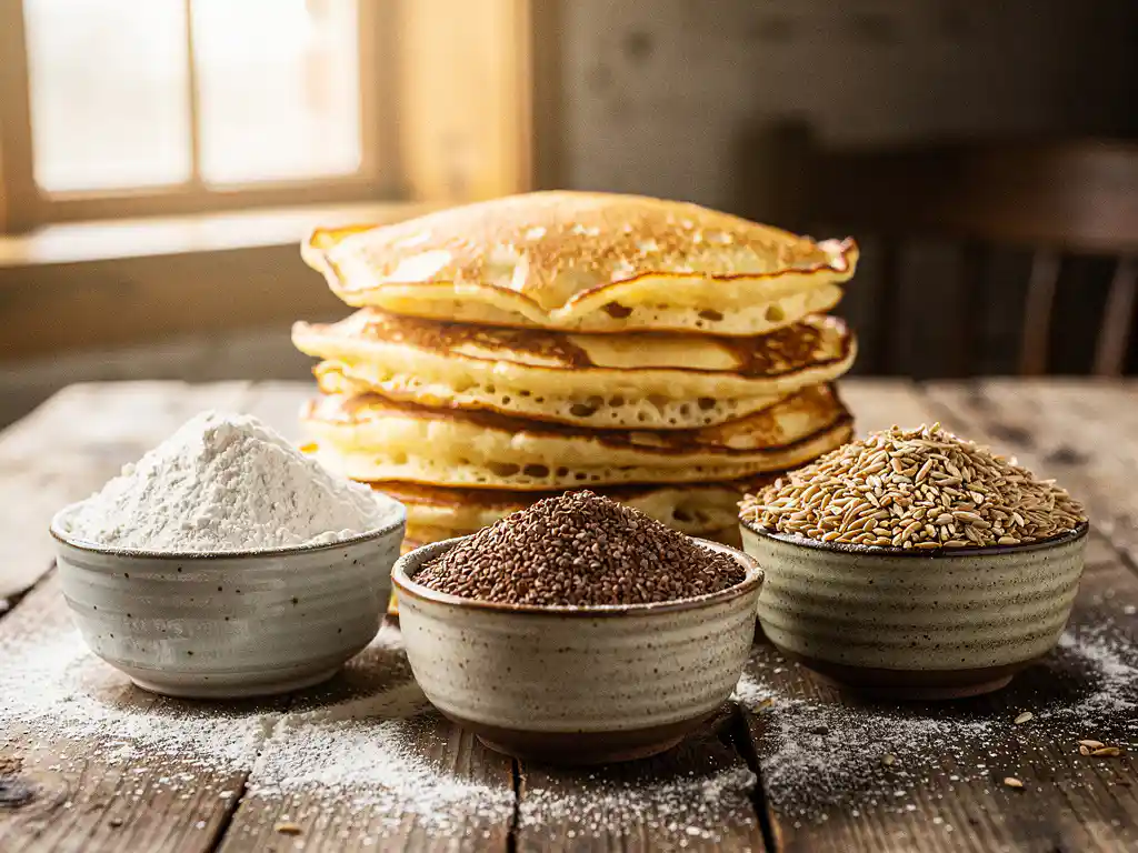 Goudbruine stapel luchtige Dutch pancakes op rustieke houten tafel, omringd door kommetjes tarwe-, boekweit- en speltmeel in warm natuurlijk licht.
