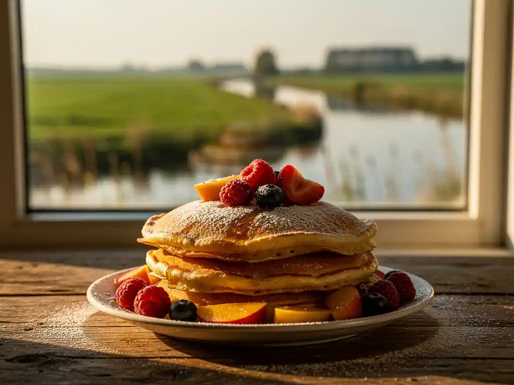 Stapel gouden Dutch pancakes bestrooid met poedersuiker en vers fruit op rustieke houten tafel, met Hollands polderlandschap op de achtergrond.