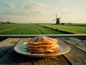 Stapel goudbruine Dutch pancakes op rustiek houten terras met Hollands polderlandschap en windmolen op de achtergrond.