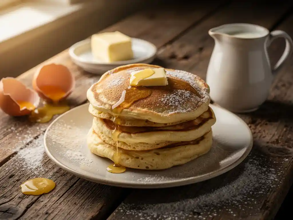 Stapel goudbruine zelfgemaakte Dutch pancakes op rustiek hout, met ei, melkkannetje, bloem en smeltende boter.