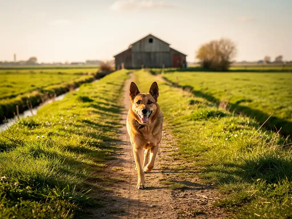 Vrolijke hond op een polderpad op het Eiland van Schalkwijk, omgeven door groene weilanden en een boerenschuur op de achtergrond.