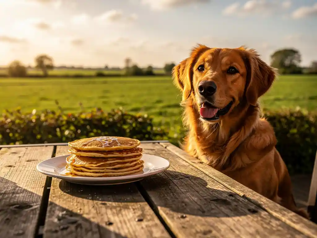 Vrolijke hond naast een terrastafeltje bij een Nederlands pannenkoekenrestaurant, met een goudgele stapel pannenkoeken op de tafel.