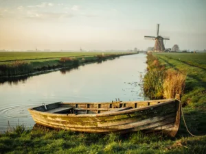Verweerde houten roeiboot op oever van Nederlands polderkanaal, groene weilanden en windmolen op achtergrond in warm middaglicht.