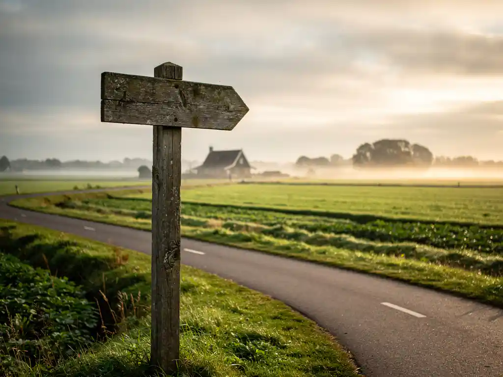Verweerde houten wegwijzer op een Nederlands kruispunt, met groene polders, een fietspad en een boerderij in ochtendmist.