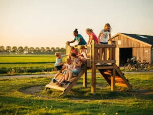 Kinderen spelen op houten speeltoestel in open polderlandschap, fietsen op achtergrond, warme middagzon.