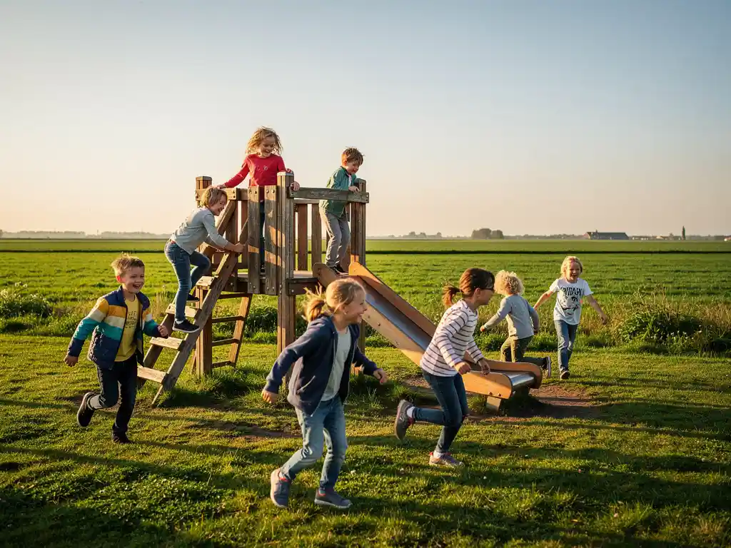 Kinderen spelen lachend op een houten speeltoestel in een open Nederlands polderlandschap met groene weilanden onder een blauwe lucht.
