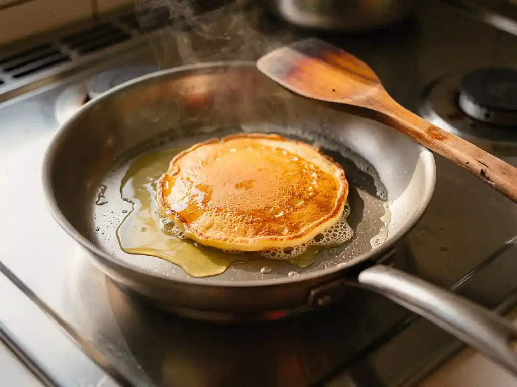 Goudbruine pannenkoek bakkend in roestvrijstalen koekenpan met smeltende boter, stoom en houten spatel, natuurlijk ochtendlicht.