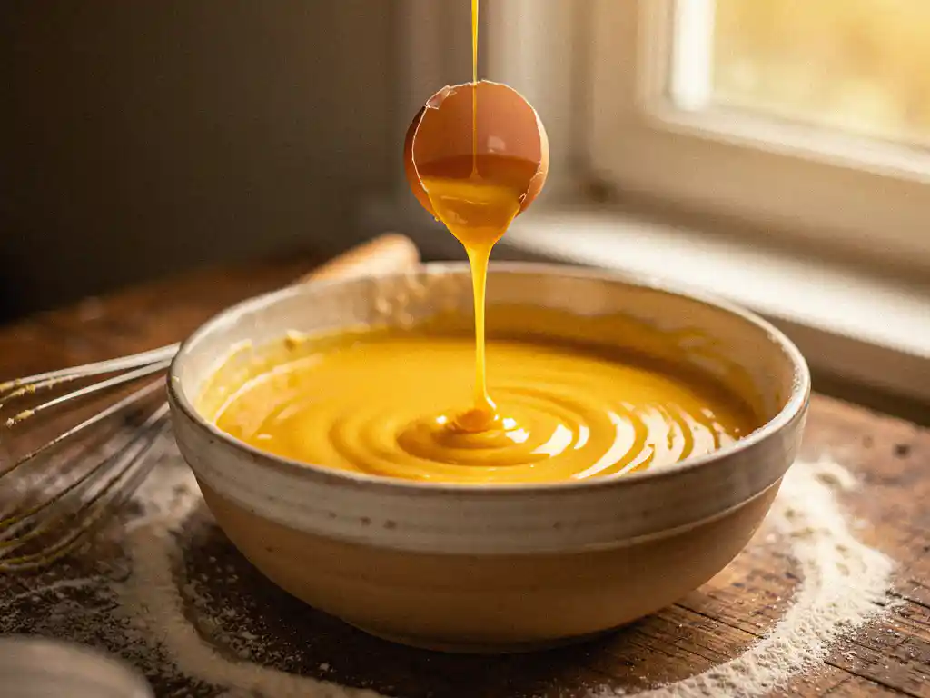 Gekraakt ei dat boven een keramische kom met goudgele pannenkoekbeslag wordt gegoten, houten garde ernaast op bestoven werkblad.