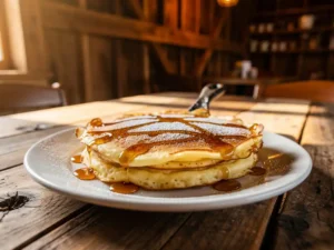 Goudbruine pannenkoek bestrooid met poedersuiker en stroop op een rustieke houten tafel in een gezellig bruin café-interieur.