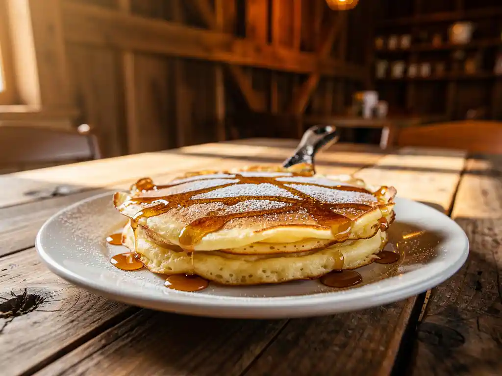 Goudbruine pannenkoek bestrooid met poedersuiker en stroop op een rustieke houten tafel in een gezellig bruin café-interieur.