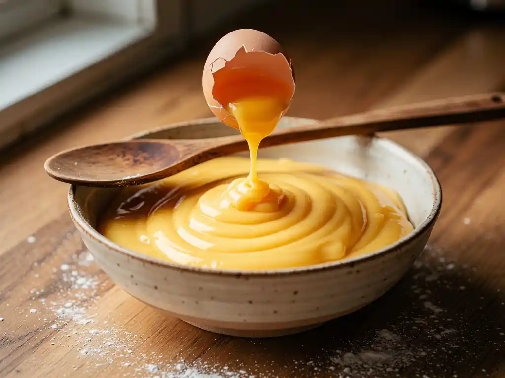 Gebarsten rauw ei boven een rustieke keramische kom met gouden pannenkoekenbeslag en een houten lepel op de rand.