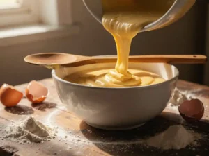 Gouden pannenkoekenbeslag dat uit een keramische kom wordt gegoten, met houten lepel, bloem en eierschalen op rustiek houten aanrecht.