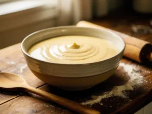Keramische mengkom gevuld met gladde pannenkoekenbeslag op een rustiek houten aanrecht, met een houten lepel en meelsporen.