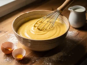 Rustieke keramische mengkom met gladde pannenkoekbeslag, houten garde, gebarsten eieren en melkkan op eikenhouten werkblad.