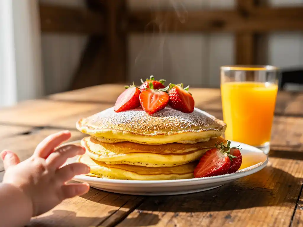 Stapel gouden pannenkoeken met poedersuiker en aardbeien, terwijl een kindhand reikt naar het bord op een rustieke houten tafel.