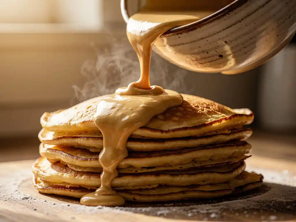 Stapel goudbruine Dutch pancakes waarop beslag wordt gegoten uit een keramische mengkom, op met bloem bestoven houten werkblad.