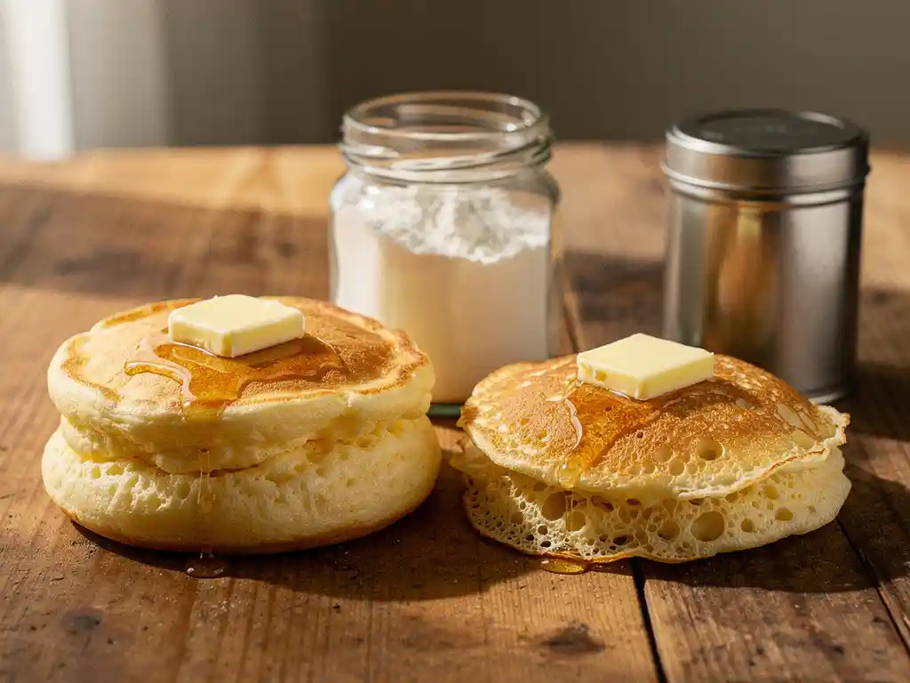 Twee gouden pannenkoeken op rustieke houten tafel: één luchtig met bloempot, één dun en kantig naast bakpoeder, warme boter erop.