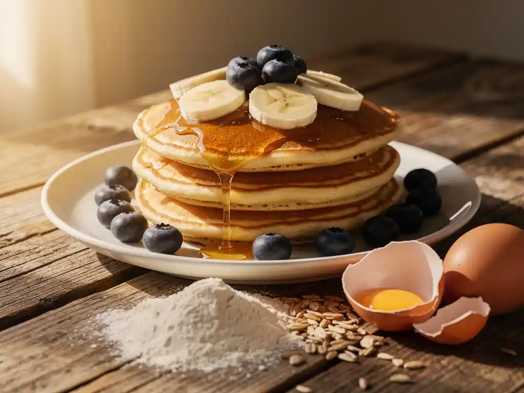 Stapel gouden pannenkoeken met verse bosbessen, banaanschijfjes en honing op een rustieke houten tafel, volkorenmeel en ei ernaast.