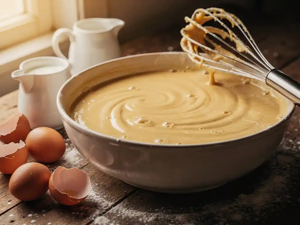 Keramische mengkom gevuld met gladde gouden pannenkoekbeslag, omringd door eieren, melk en bloem op rustiek houten oppervlak.