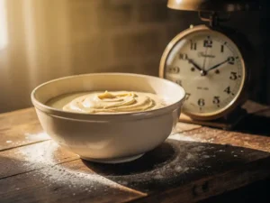 Keramische mengkom met romig pannenkoekenbeslag op rustiek houten aanrecht, bestoven met bloem in warm ochtendlicht.