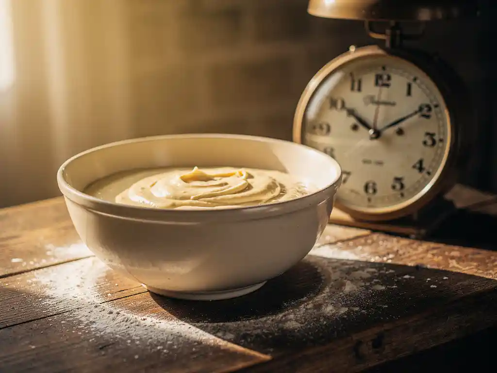 Keramische mengkom met romig pannenkoekenbeslag op rustiek houten aanrecht, bestoven met bloem in warm ochtendlicht.
