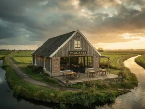 Rustieke pannenkoekenboerderij in een Hollands polderlandschap met fietspad, groene weiden en houten terras onder dramatische lucht.