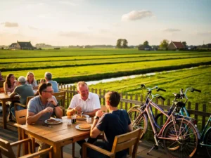 Druk zonnig terras van een Nederlandse pannenkoekenrestaurant met families en fietsers aan houten tafels, vlak polderlandschap op de achtergrond.