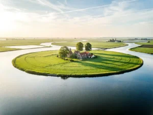 Luchtfoto van een groen polderlandschap omringd door glinsterende sloten, met een cluster boerderijen en bomen als eiland in het water.