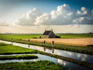 Uitgestrekt polderlandschap in Utrecht met groene weilanden, sloten, een boerderij en fietsers op een smalle dijk onder een bewolkte lucht.