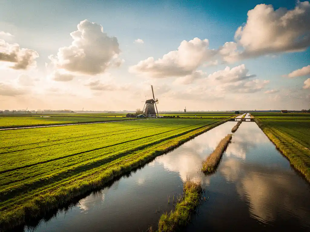 Hollands polderlandschap met groene weilanden, smalle sloten en een traditionele molen in warm middaglicht.