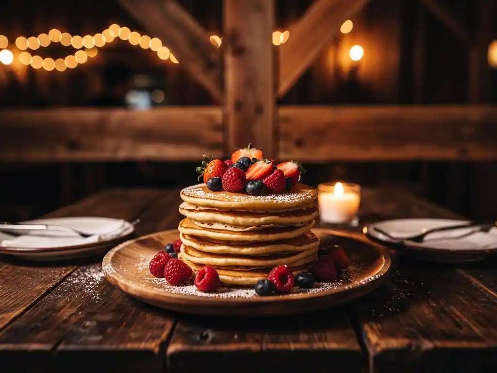 Romantisch gedekte tafel met gouden Dutch pancakes, verse bessen en poedersuiker bij kaarslicht in rustiek restaurant met houten balken.