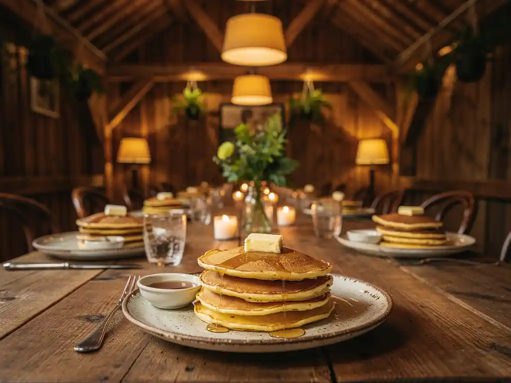 Rustieke houten eettafel in een schuurrestaurant met gouden pannenkoeken op borden, verlicht door kaarsen en hanglampen.