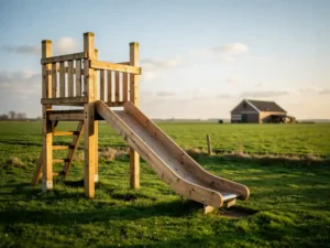 Houten speeltoestel met glijbaan en klimrek op groen gras in een Nederlands polderlandschap, met een schuur op de achtergrond.