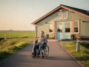 Rolstoelgebruiker op toegankelijk pad naar een boerderijrestaurant in een vlak polderlandschap met groene weiden.