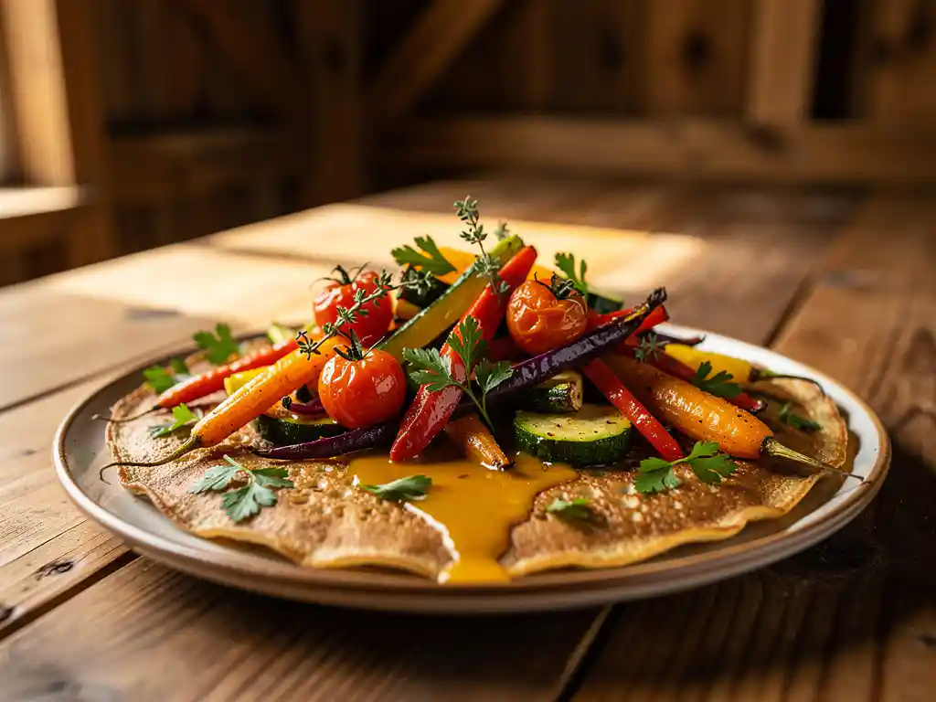 Vegetarische Dutch pancake met geroosterde groenten, verse kruiden en gouden saus op rustieke houten tafel.