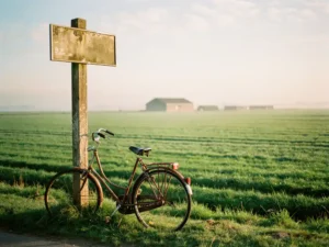 Vintage fiets leunend tegen verweerd houten bushokje in Nederlands polderlandschap, groene weilanden en mistige schuur op achtergrond.