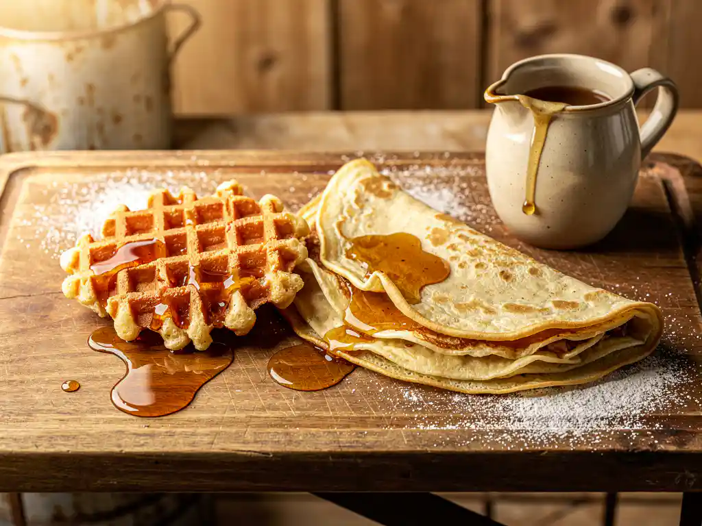 Knapperige wafel en gevouwen Dutch pancake op rustiek houten plank met ahornsiroop, keramieken beslag kan, warme gouden belichting.