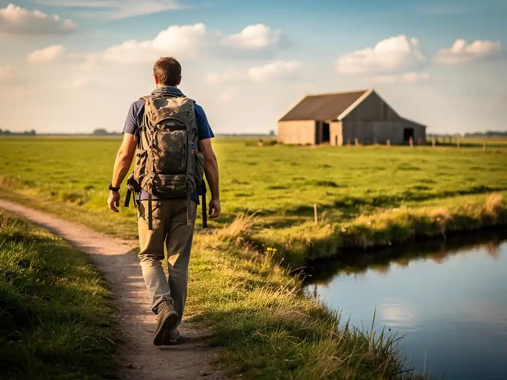 Wandelaar met versleten rugzak op smal zandpad door Nederlands polderlandschap, groene weiden en blauwe lucht met wolken.