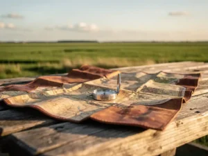 Versleten leren wandelkaart met kompas op een verweerde picknicktafel, met een vlak groen polderlandschap en gouden middaglicht op de achtergrond.