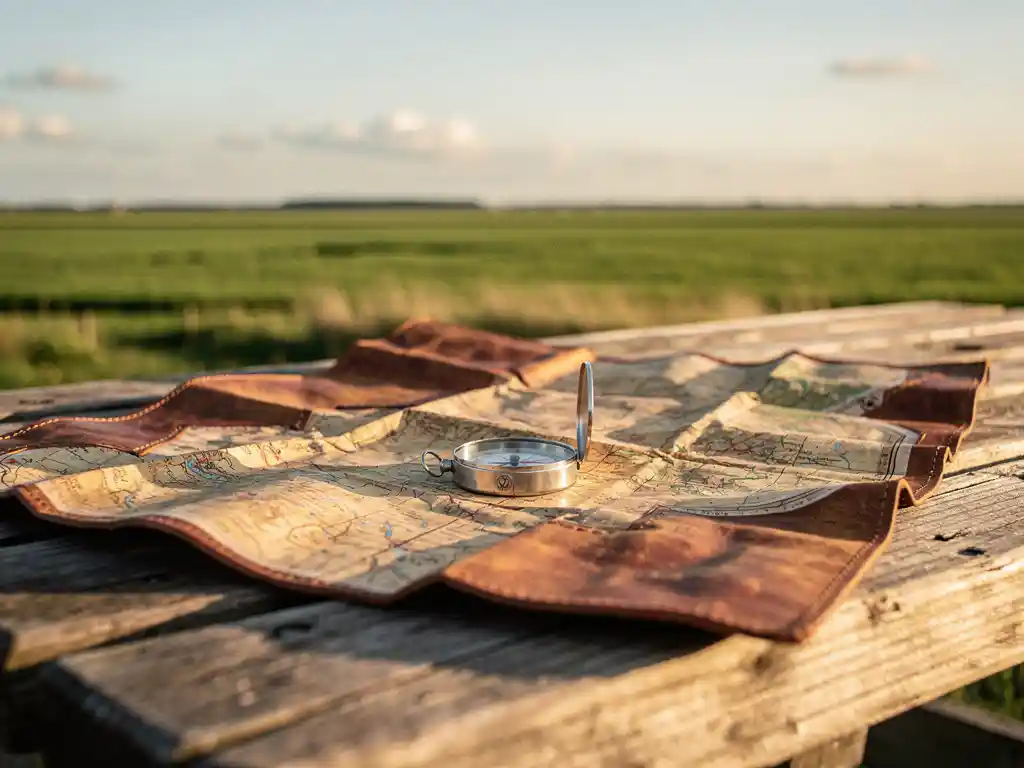 Versleten leren wandelkaart met kompas op een verweerde picknicktafel, met een vlak groen polderlandschap en gouden middaglicht op de achtergrond.