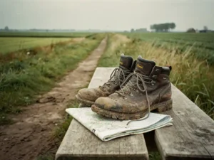 Versleten modderige wandelschoenen op houten bank langs polderpad, gevouwen wandelkaart eronder, Nederlands boerenland tot aan de horizon.
