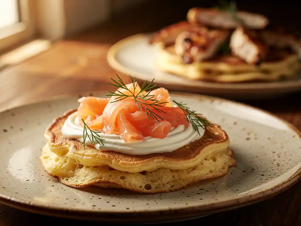 Hartige pannenkoek met gerookte zalm, roomkaas en verse dille op een rustiek keramisch bord, tweede pannenkoek op achtergrond.